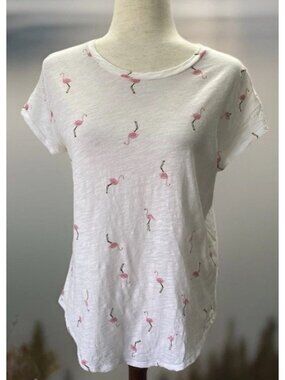 LOFT Women’s Vintage Soft Tee Top Flamingo Print White Pink Cotton Size Large